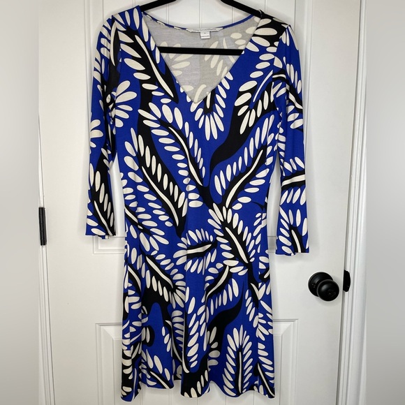 Diane Von Furstenburg DVF Blue Kaden Rivera Buds Leaf Silk Dress Size 8 - Picture 4 of 14